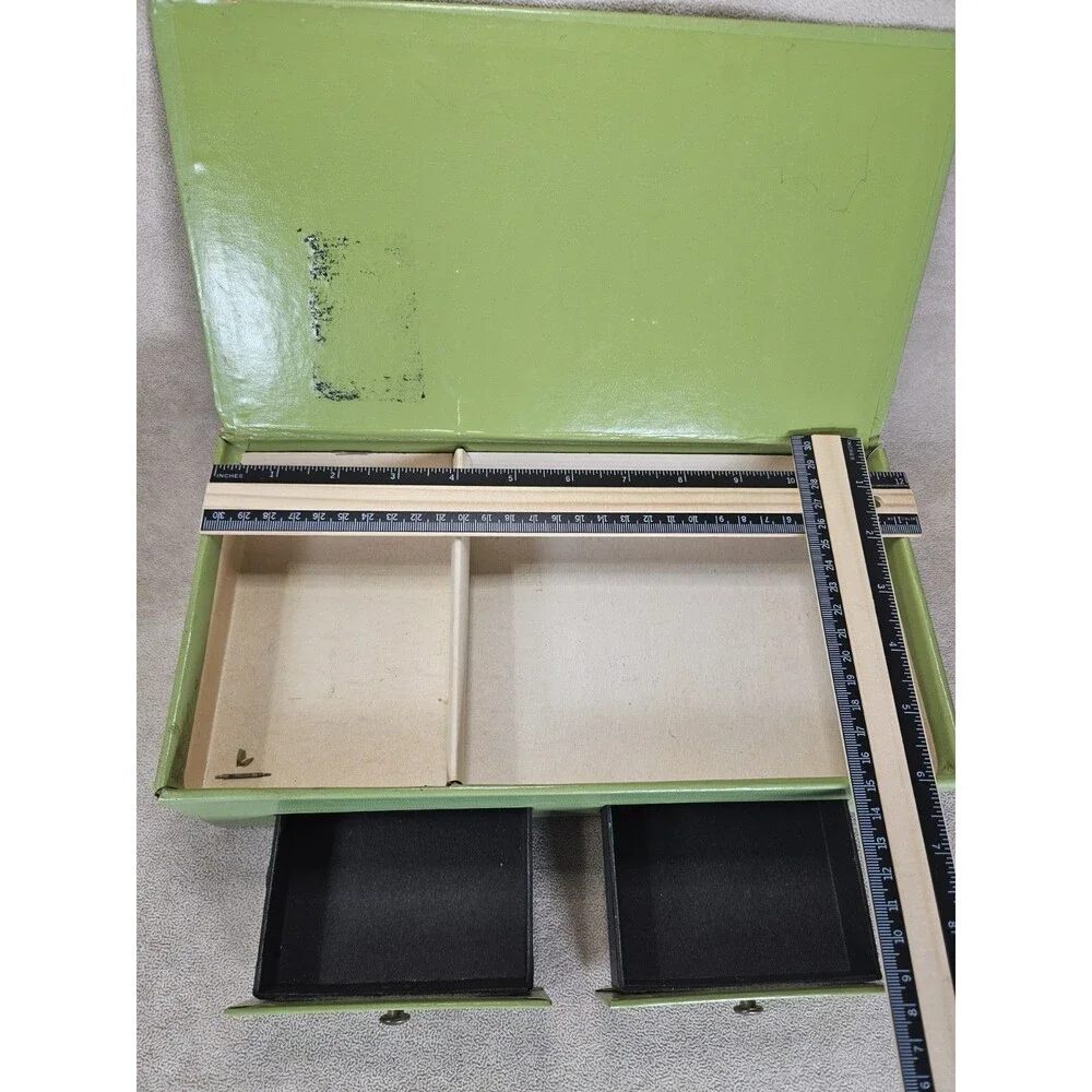 Vintage Cardboard/Leather-like Jewelry Box Green w/Tree 1960's Trinket 2 Drawers